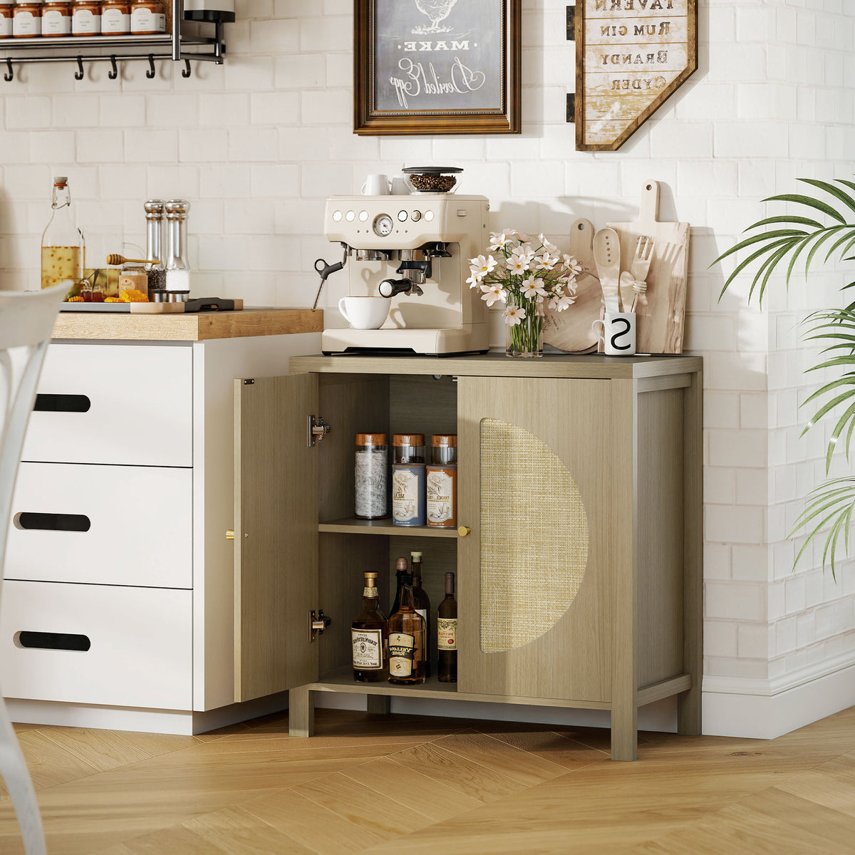 Buffet cuisine, meuble de rangement avec 2 portes effet rotin et étagère réglable, 75 x 38 x 77 cm, bois naturel-9