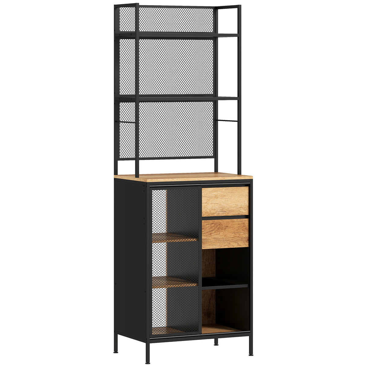 Buffet, armoire de cuisine, plan de travail, porte coulissante, tiroirs et étagères ouvertes, 60x40x180cm, bois naturel-0
