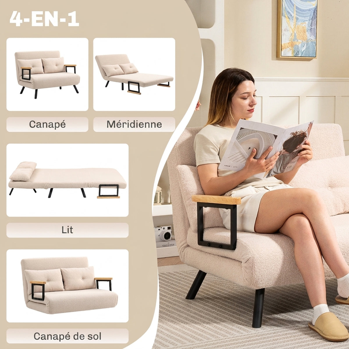 Canapé convertible 2 places 4 en 1, canapé-lit avec dossier réglable sur 5 niveaux, 2 coussins, 102 x 73 x 81 cm, beige-3