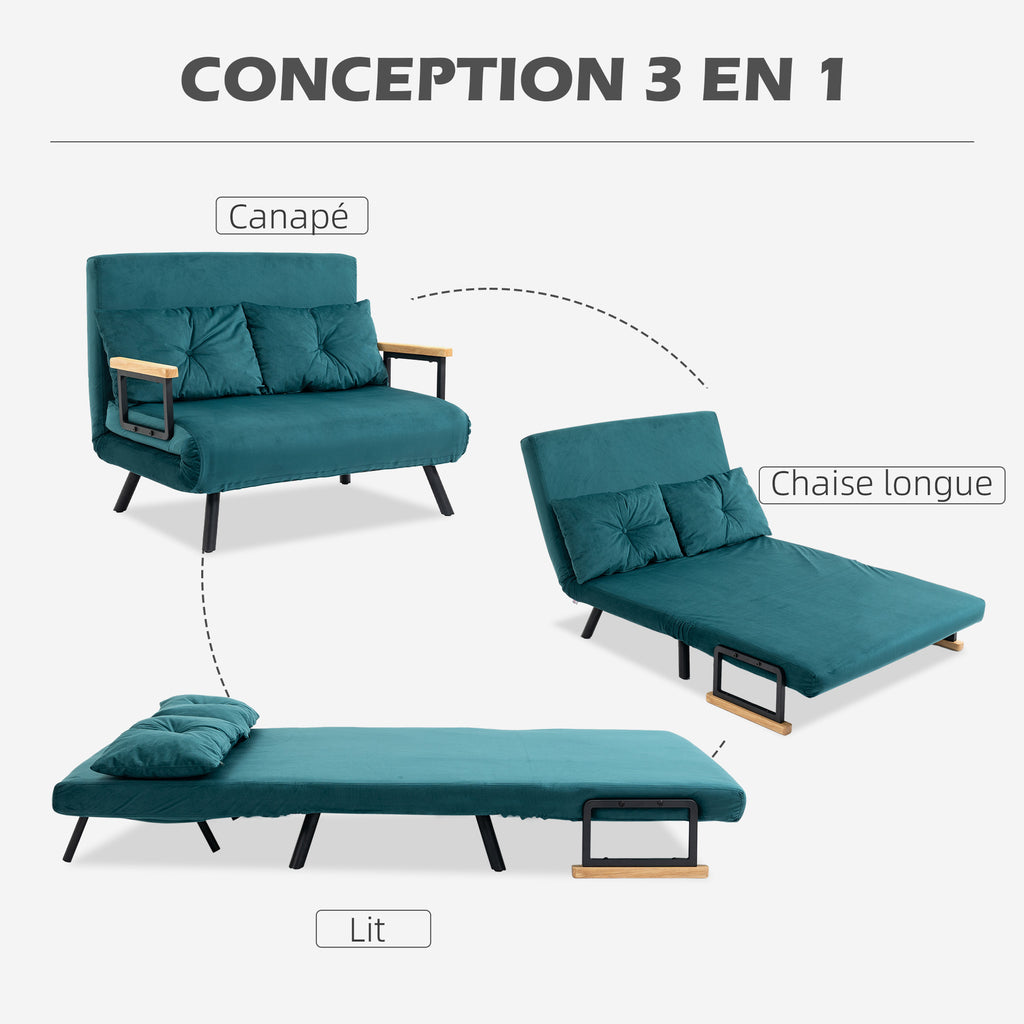 Canapé convertible 2 places avec dossier réglable à 5 niveaux et 2 coussins rembourrés, revêtement velours, vert canard-3