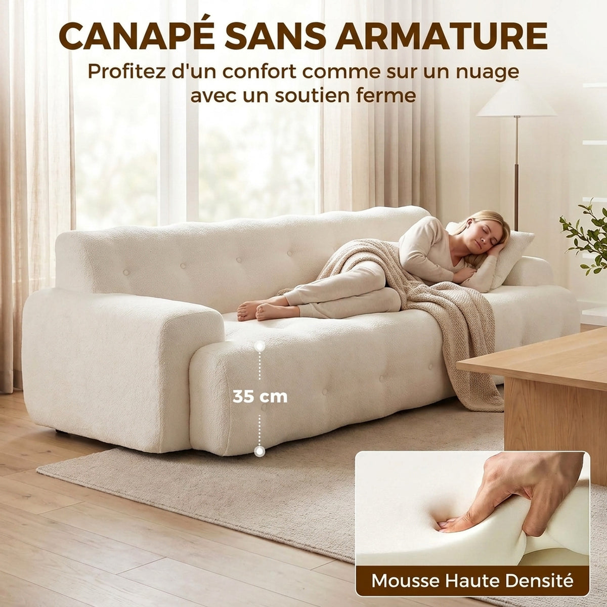 Canapé 3 Places en Chenille 211 cm, Canapé Salon, Assise Profonde, Entièrement Compressé Sans Montage, Crème-4