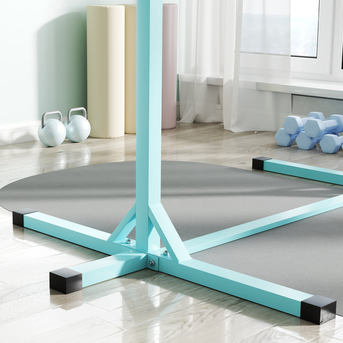Barre fixe de gymnastique pour enfant, hauteur réglable 13 niveaux de 92-150 cm, en acier et bois en hêtre, cyan-6
